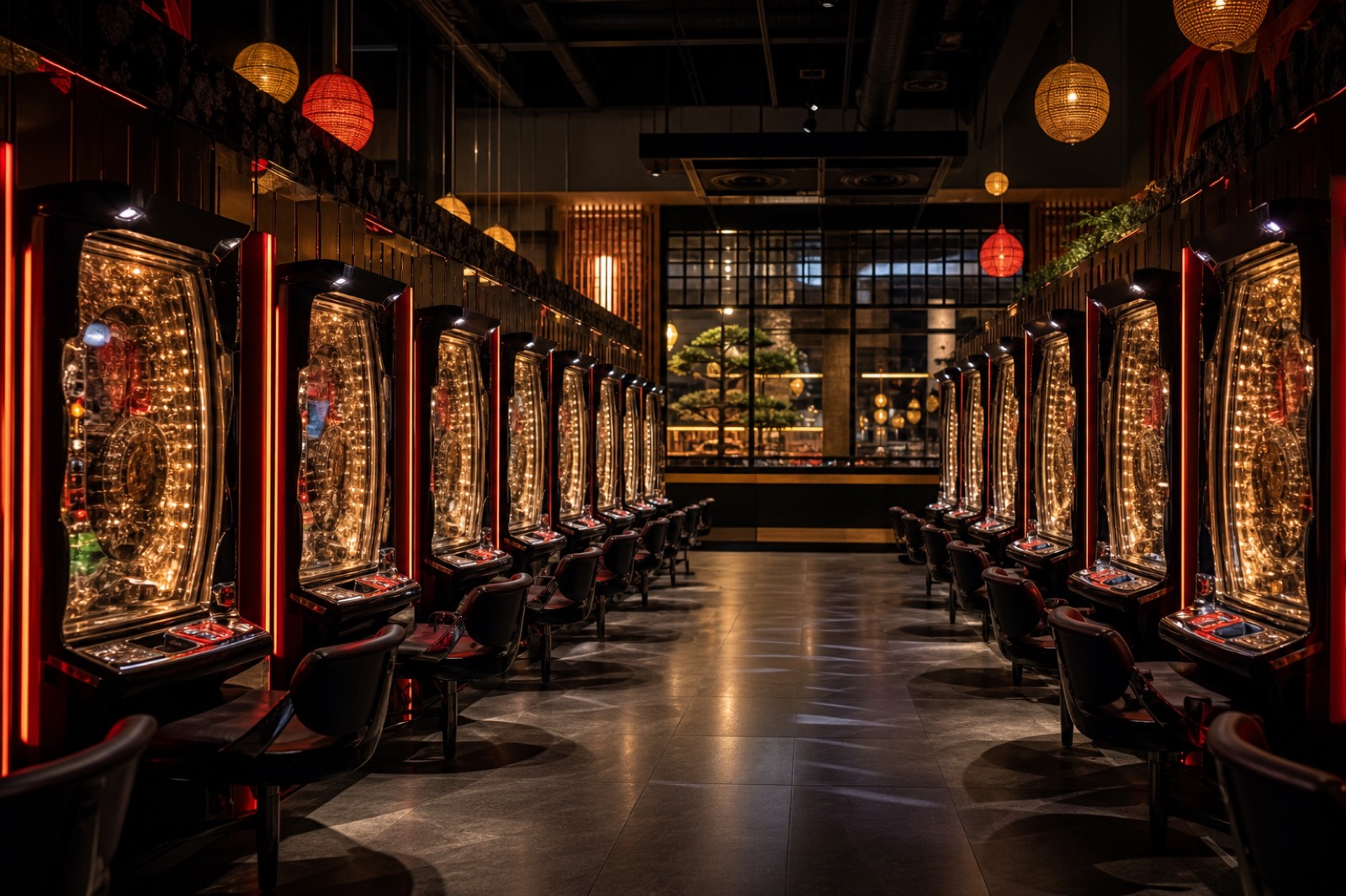 A Magyar Pachinko Club fizikai termének belső tere japán stílusú gépekkel